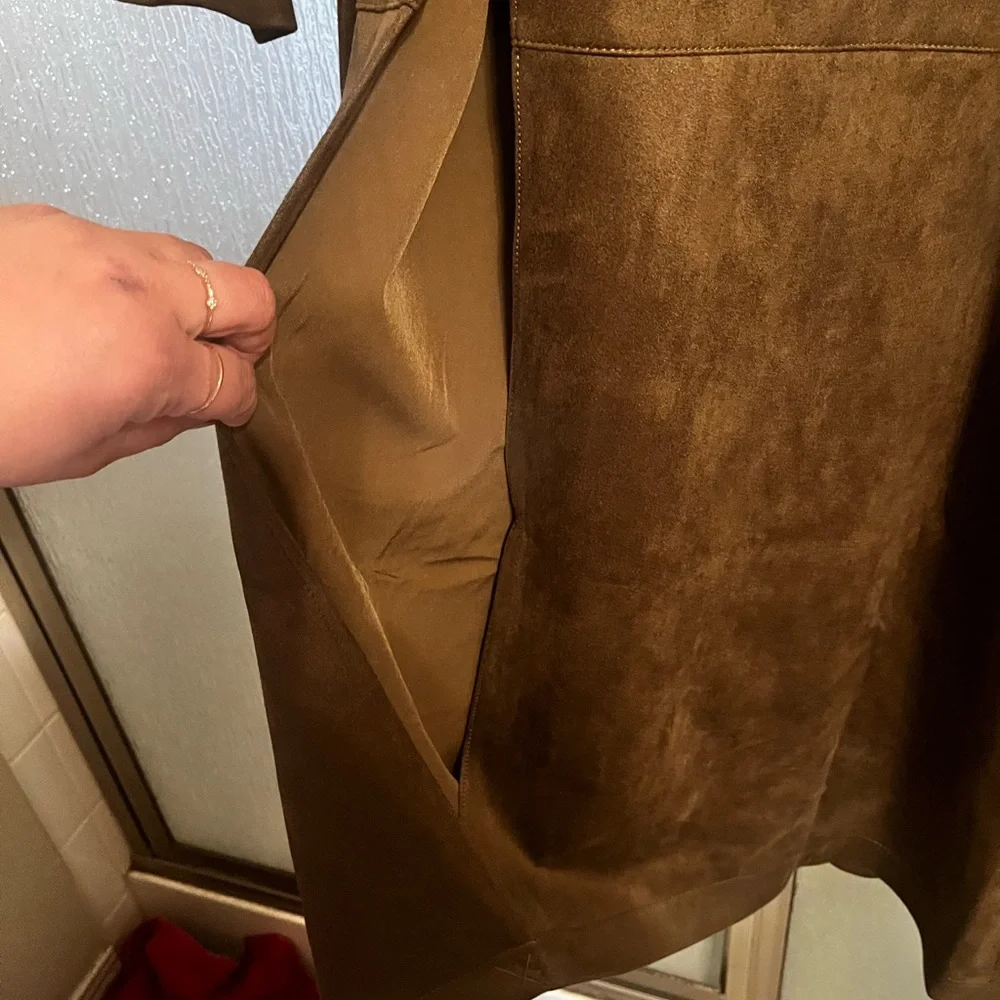 Ashley Graham Faux Suede Long Trench Coat in Olive Brown - Picture 8 of 11